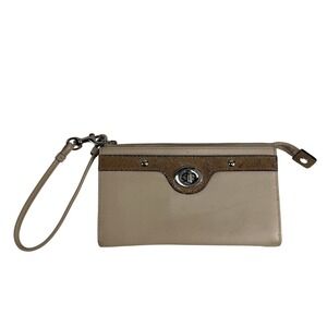 Coach Wristlet Wallet Turnlock Snakeskin Trim Leather Beige ID Pockets NO FOB